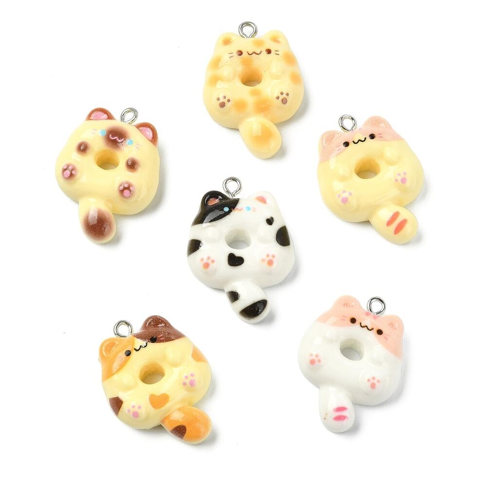 6115 30Pcs 6 Colors Cat Shaped Donut Pendants Resin Flatback Sweet Food